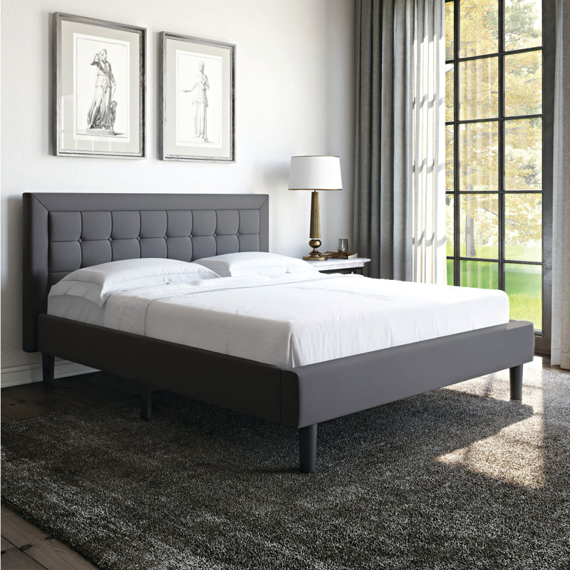 Transitional Linen Queen Upholstered Platform Bed with Tufted Headboard