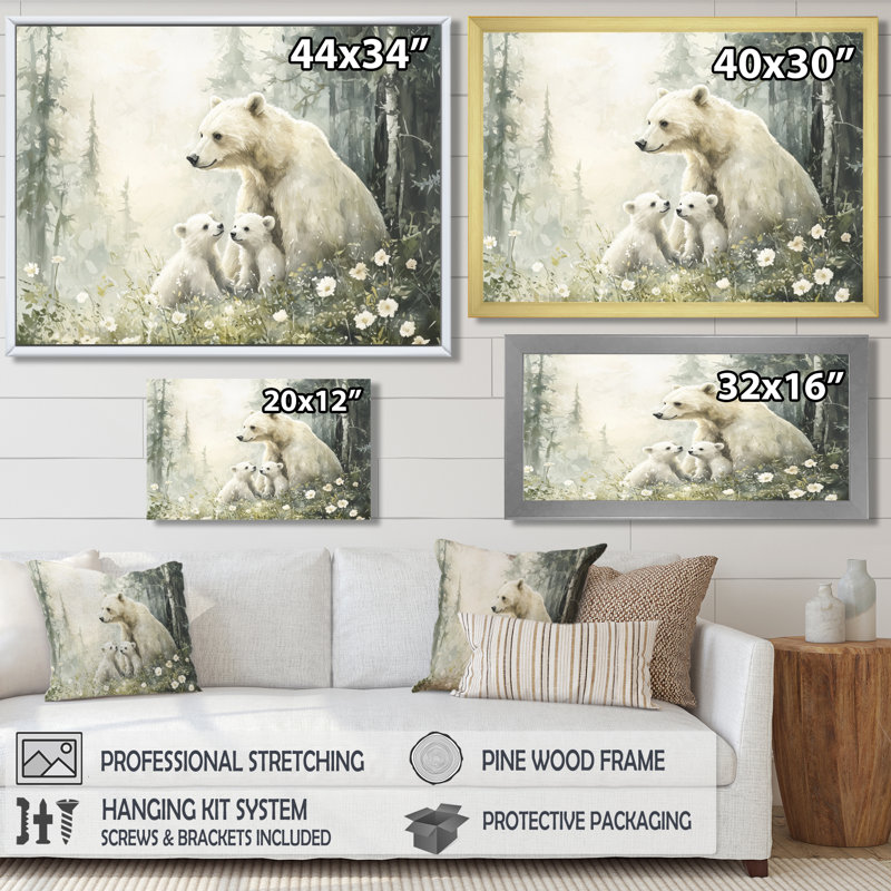 Mère ours avec des oursons en hiver II - art mural ours, H 12 po x l 20 po, Cadre flottant, Doré