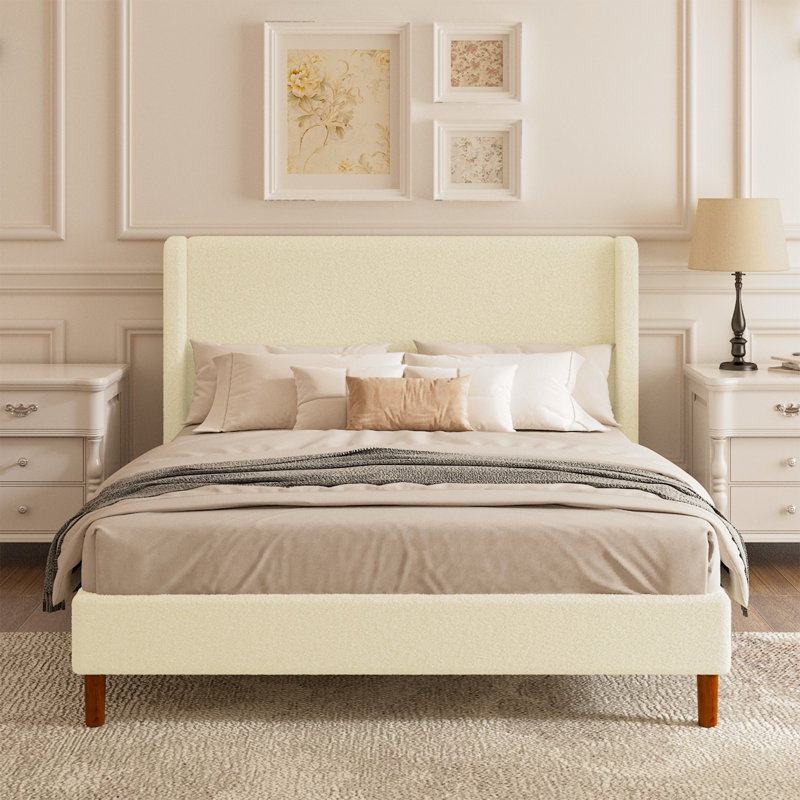 Full Bed Frame, Boucle Upholstered Platform Bed with Wingback Headboard, Strong Wooden Slats Support, Noise-Free Mattress Foundation, No Box Spring Needed, Easy Assembly, Beige