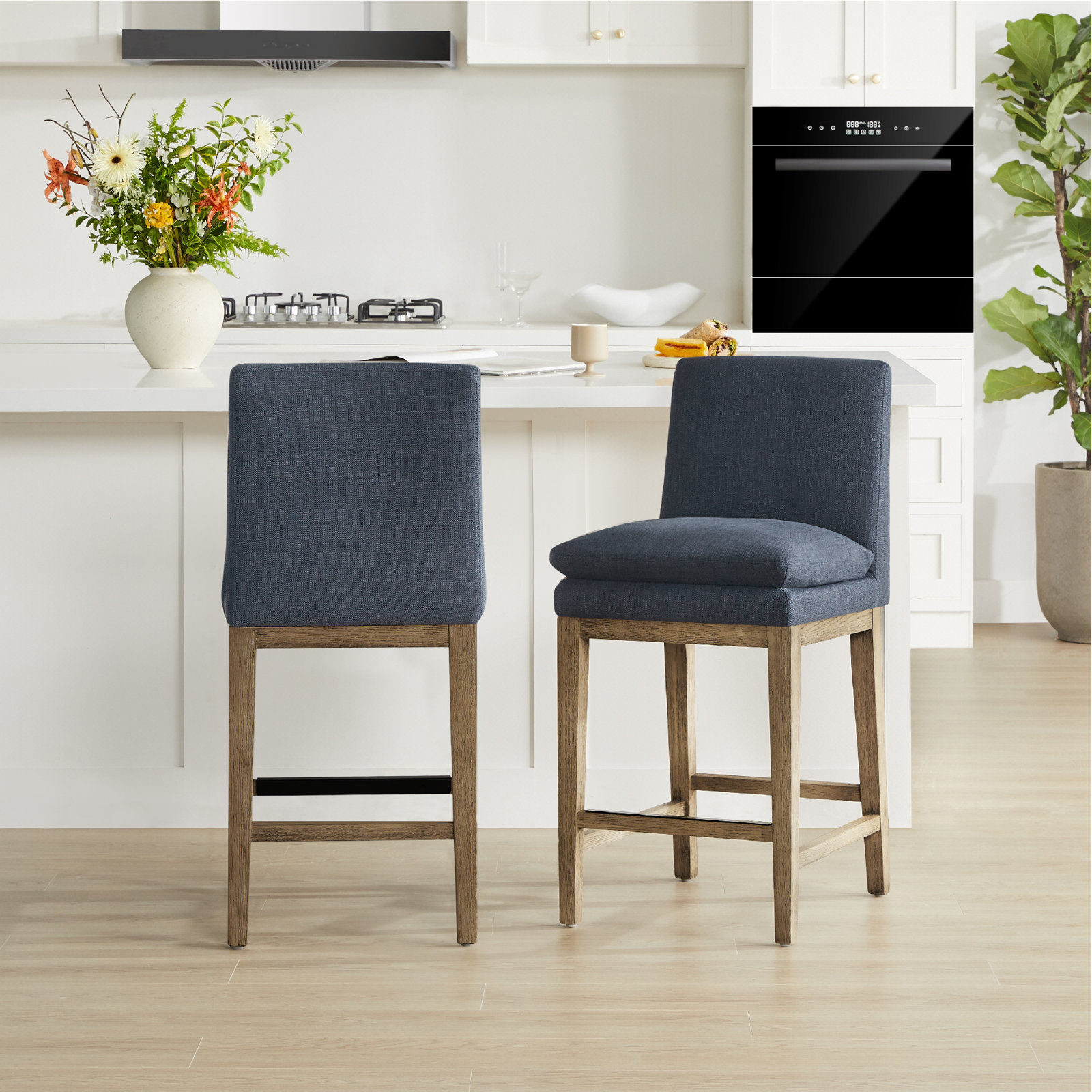 Bethea Upholstered Counter Stool, Effie Insignia Blue Performance Linen, Graywash
