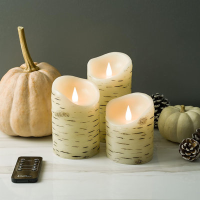 Flickering Flameless LED Candles with Remote Control, 3D Flame Battery Operated Candles in Real Wax for Indoor Use and Home décor, Set of 3: 3"x4", 3"x5", 3"x6" Birch Bark Effect