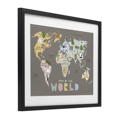 «Kid's Map Of World», reproduction encadrée sous verre, par Carla Daly