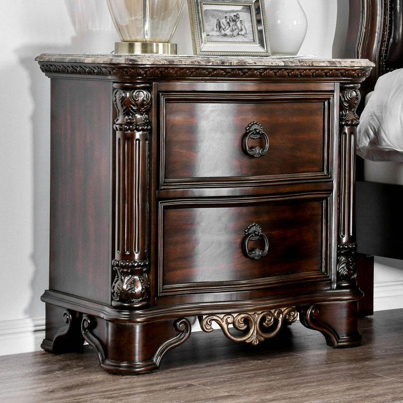 Table de chevet 2 tiroirs de couleur cerisier brun avec surface en marbre véritable - garantie de robustesse de chambre à coucher