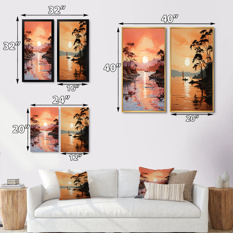 «Golden Sunrise Silhouetted I», 2 pièces, Cadre noir, H 24 po x l 20 po