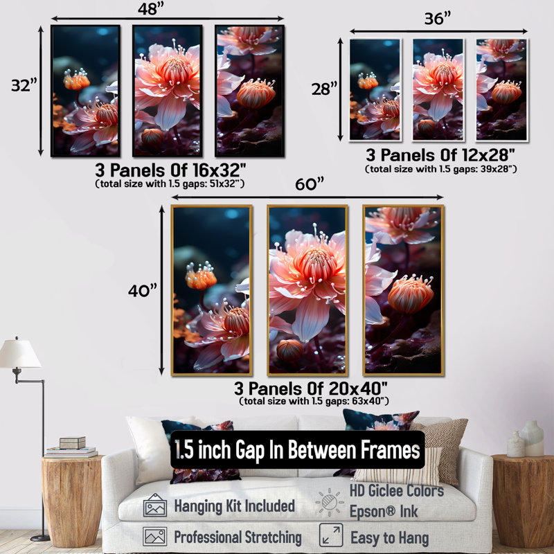 «Petals Of Serenity Pink Flower Harmony» - ensemble d'art mural sur toile, Cadre flottant noir, H 40 po x l 60 po x P 1 po