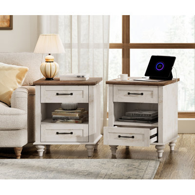 Agathy Set Of 2 Nightstands Side Table With Two Drawers & Open Shelf