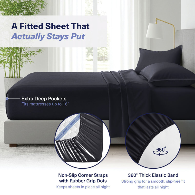 100% Organic Viscose From Bamboo Sheets Set, 300 Thread Count, 4-pc Set, Luxury Cooling Sheets, Deep Pockets - Gift-Ready Packaging, Queen Size (Deep Black)