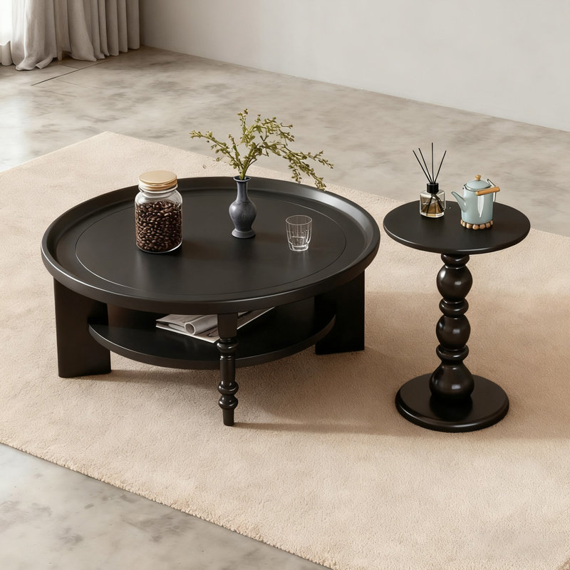 Ensemble de tables basses rondes en bois massif noir Retro, Noir