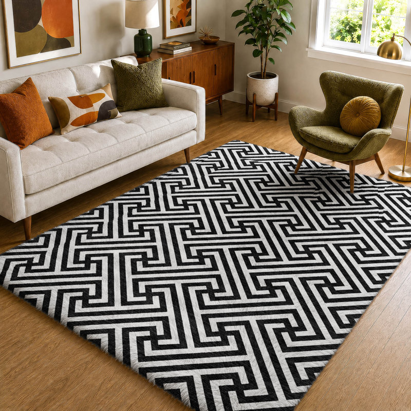 Tapis géométrique Dream Shag lavable à la machine de qualité supérieure, Black, 5 pi x 7 pi 6 po