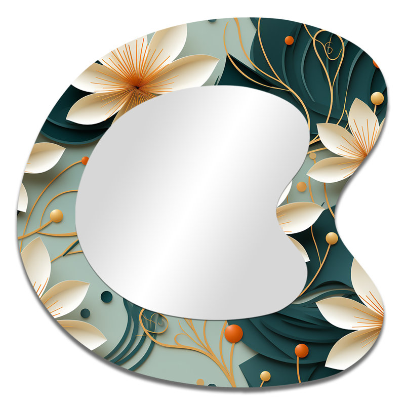 Graceful Floral Essence Of Zen - Floral Unique Shape Decorative Mirror, Cottage Asymmetrical Wall Mirror, Printed Metal Art