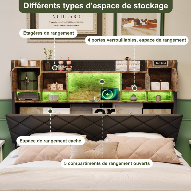 Floating Industrial Upholstered Storage Bed Frame With Charging Station, App Control LED & Hidden Headboard Compartment, 140X200cm Double / 160X200cm King