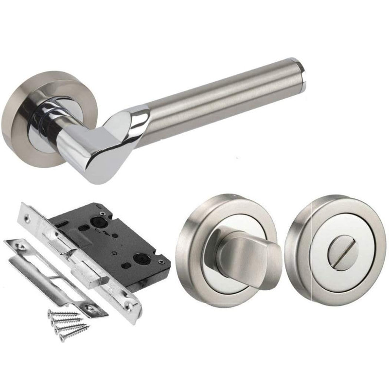 Golden Grace Titan Design Modern Bathroom Door Handle in Duo Chrome Finish with Thumbturn & Bathroom Mortise Lock