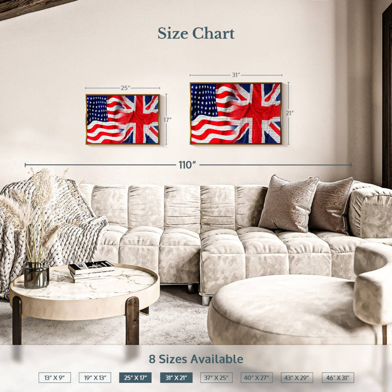 Drapeau américain et britannique, Cadre flottant doré, 25 po x 17 po