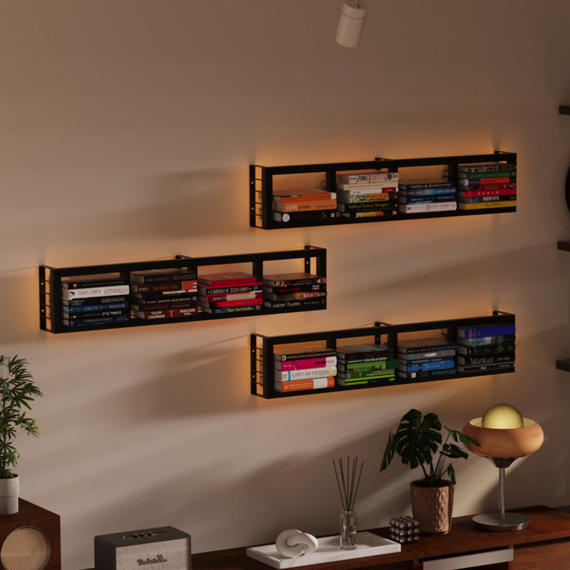 Wall Mounted CD Storage Rack with LED Light Strip and Hooks, Metal Media Storage Organizer for Living Room, Bedroom, Office