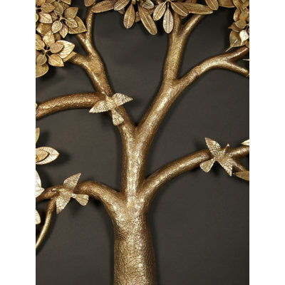 Très grand art mural 74 "arbre de vie en laiton - sculpture à cinq feuilles faite main avec oiseaux