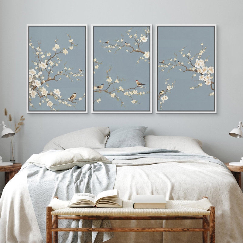 Fleurs de cerisier japonais minimes, H 24 po x l 48 po, Cadre flottant blanc