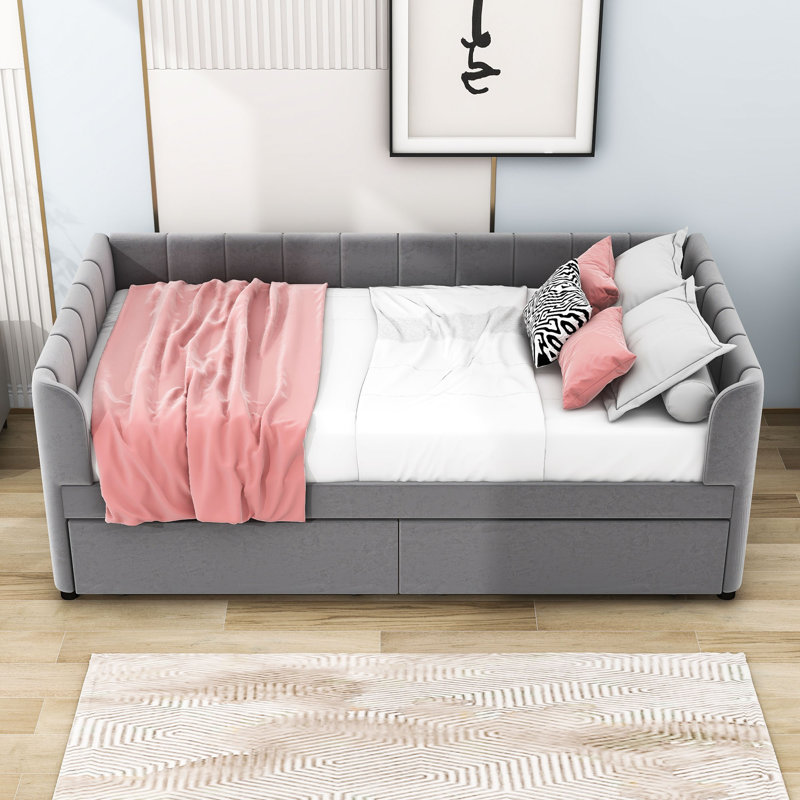 Lit de jour simple rembourré avec dossier ergonomique et 2 tiroirs Longway, Gris