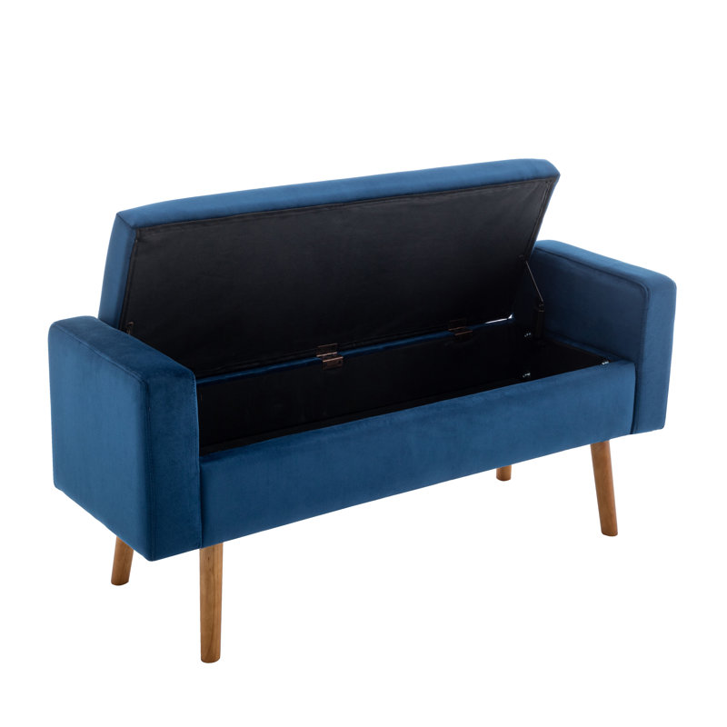 Banc de rangement en velours avec pieds en bois d'hévéa Vendrina, Bleu