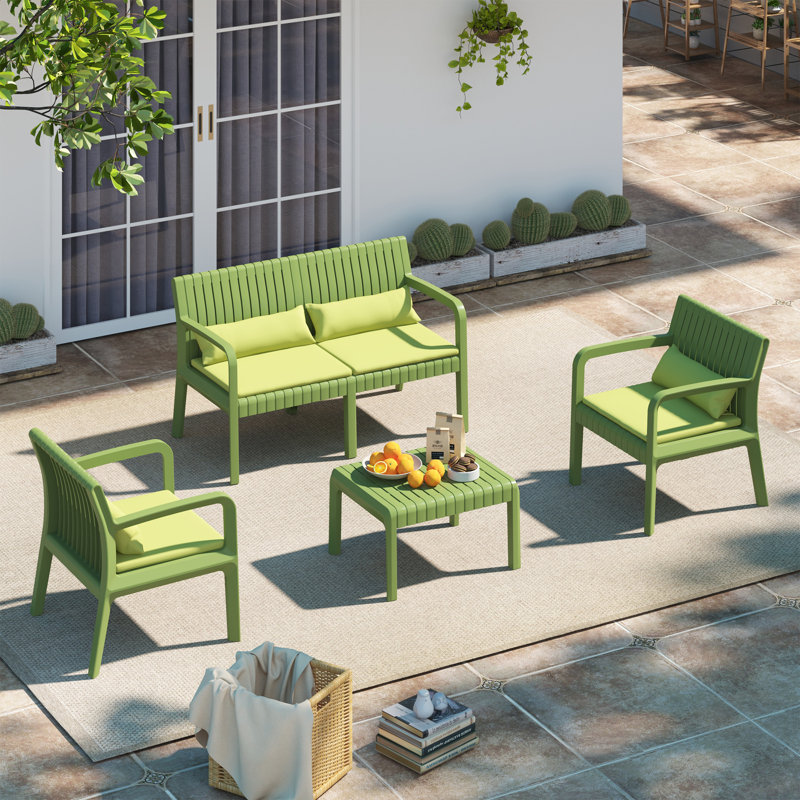 Ensemble de conversation d'extérieur 4 personnes avec coussins et table basse, Vert