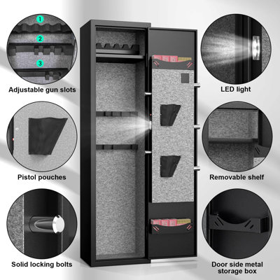 5-6 Gun Safe, Quick Access Biometric Fingerprint Rifle Gun Safe with Silent Mode and Alarm System, Gun Safe for Rifles and Pistols, Gun Cabinet with Removable Shelf and 3 Adjustable Gun Slots