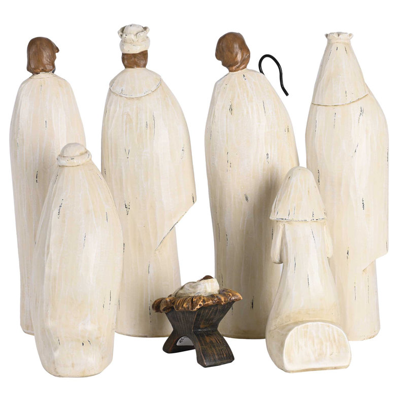 Crèche de Noël 7 pièces en bois sculpté blanc 11H