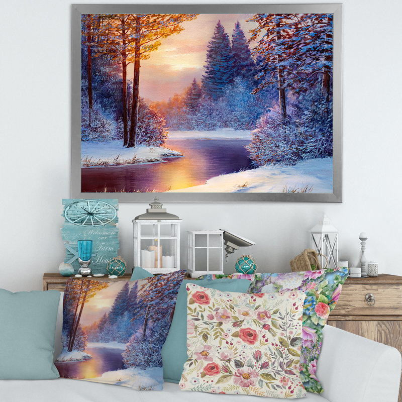 Rivière sinueuse avec des silhouettes d'arbres bleu foncé - reproduction sur toile, Toile encadrée argentée
