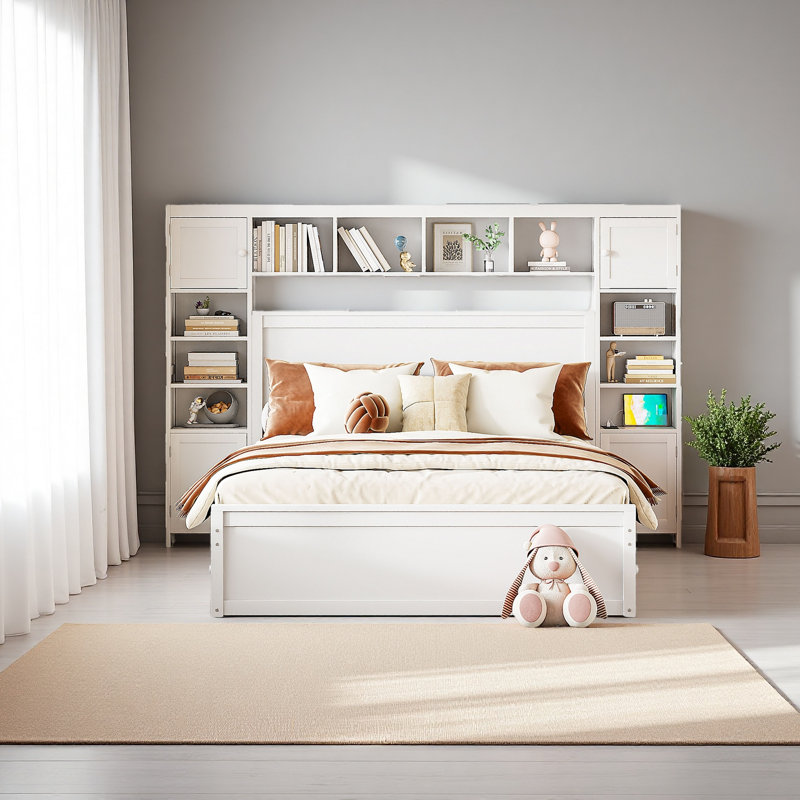 Grand lit en bois avec armoire, tablette et prises tout-en-un, Blanc