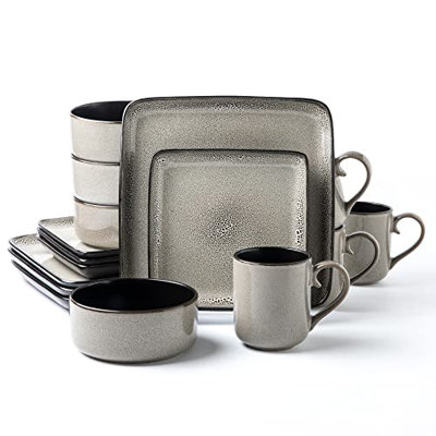 FLACKAR Square Stoneware 16pc Dinnerware Set for 4, Dinner Plates, Side Plates, Cereal Bowls, Mugs - Reactive Glaze