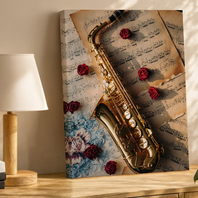 Canvas A Beautifully Arranged Composition Featuring A Gleaming Gold Saxophone Positioned Wall Art Prominently Against A Backdrop Of Canvas Wall Art