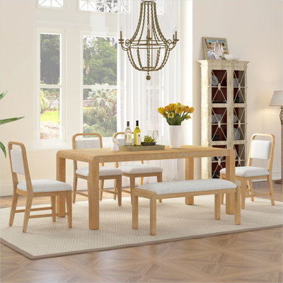 Ensemble de table de salle à manger rectangulaire en bois massif avec banc et 4 chaises, finition naturelle chaleureuse, extensible jusqu'à 72 pouces, sièges 6, pieds courbés