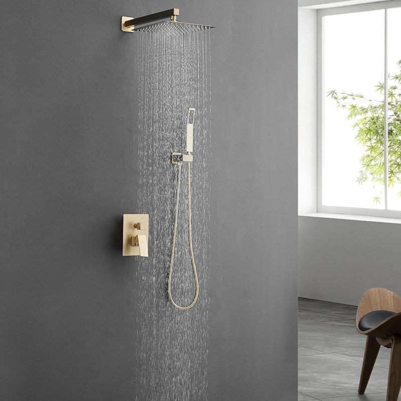 Brushed Gold Modern Bathroom Shower , 10 Inch Wall Mounted Rainfall With Pull - Out , One Manual Handle, 3 Hole Faucets, Handle Classic Ceramic Filler