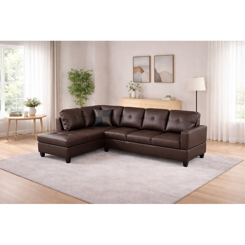 Ahsaki 103.5" Wide Faux Leather Left Hand Facing Sofa & Chaise, Brown Faux Leather