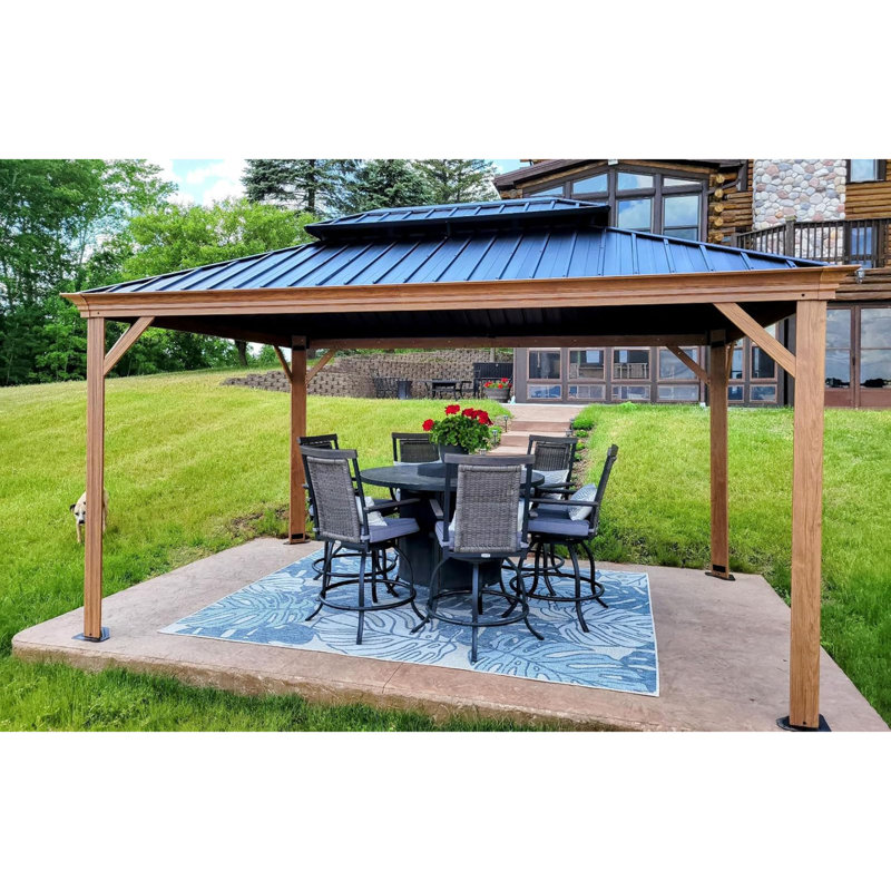 PURPLE LEAF Hardtop Gazebo for Patio Wood Grain Galvanized Steel with Netting, 10' X 14'