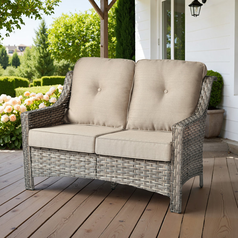 2 - Person Outdoor Wicker High Back Sofa With Cushions, All Weather Rattan Loveseat, Beige