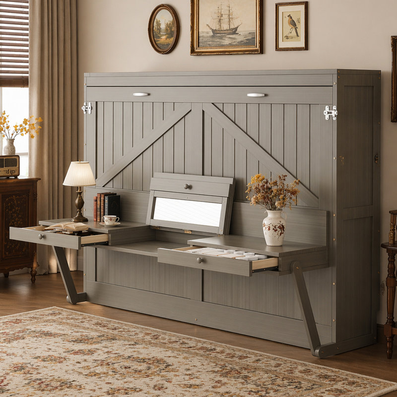Lit escamotable mural avec rangement, armoire-lit pliable avec coiffeuse, miroir central et 2 tiroirs latéraux, Gris
