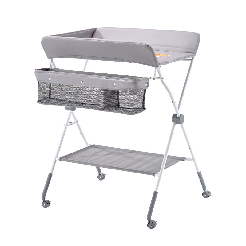 Foldable Baby Changing Station with Side Basket & Wheels, Adjustable Height, Light Ash
