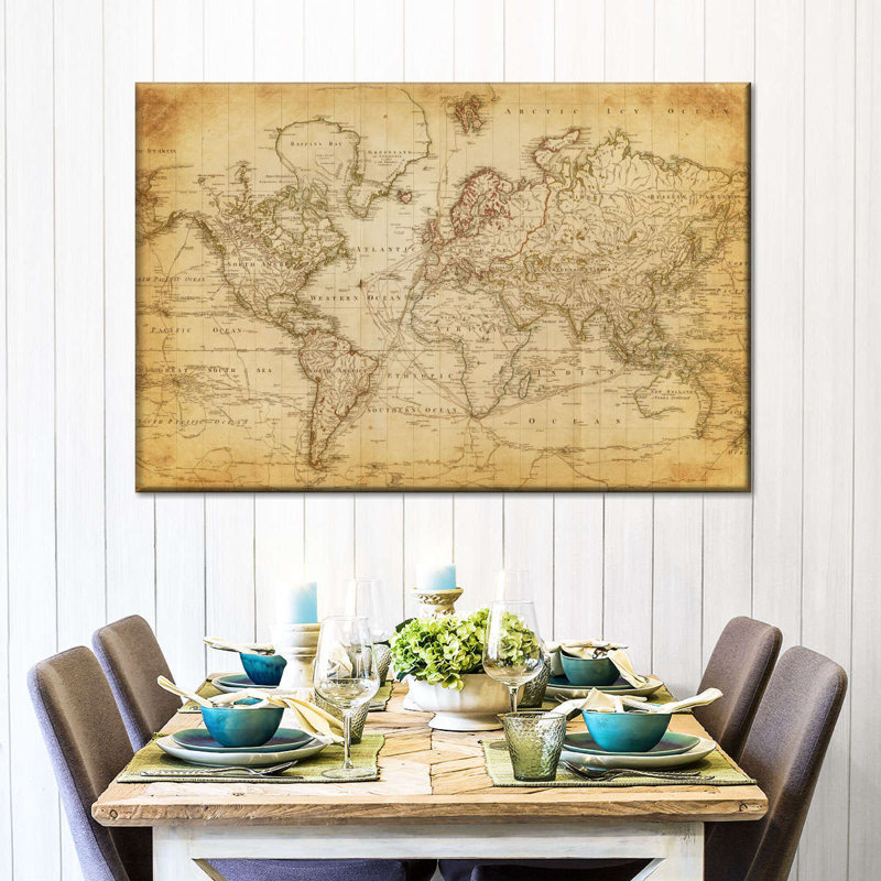 Carte du vieux monde sur toile, H 8 po x l 12 po x P 1 po