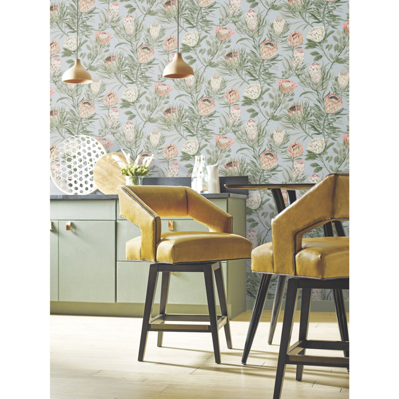 Protea 27' L x 27" W Wallpaper Roll, Dusty Blue/Coral