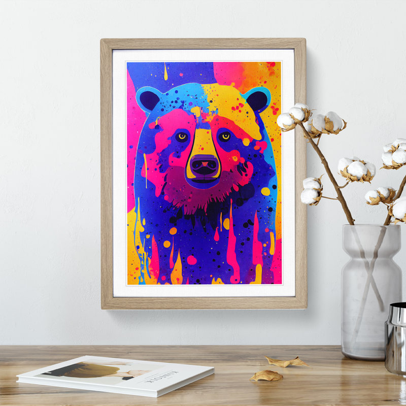 Colourful Bear No.2 - Wall Art, 48cm H x 36cm W, Oak Framed, White
