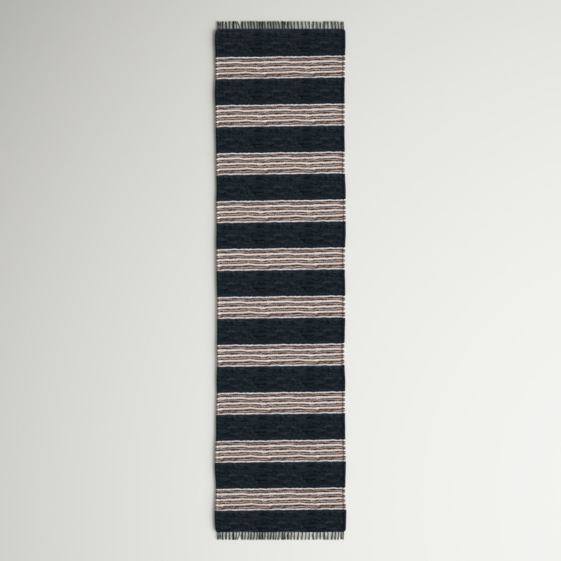 Pecatonica Vintage Leather Hand Woven Leather/Jute/Cotton Striped Rug in Black/Beige, Runner 2'3" x 9'
