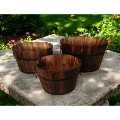 Set of Three Natural Wood Indoor Outdoor Round Pot Planters