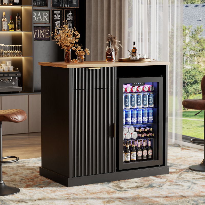 39.4" Coffee Bar Cabinet with Fridge Space, Modern Fluted Wine Bar Cabinet with Drawer and Storage for Dining Room, Black