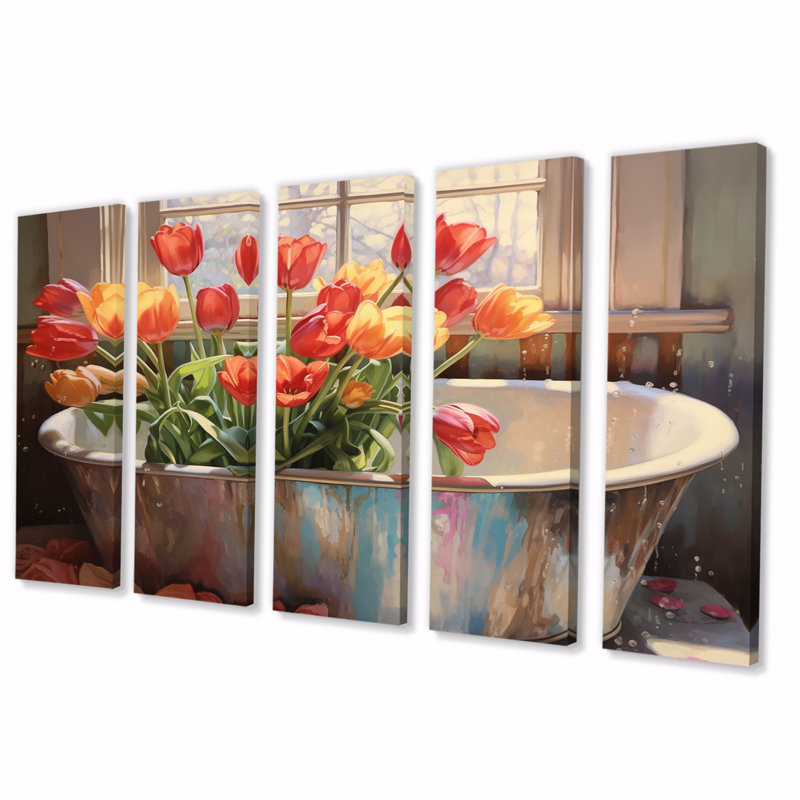 Bathtub With Blossoming Red Tulips II - Tulip Canvas Print - 5 Equal Panels