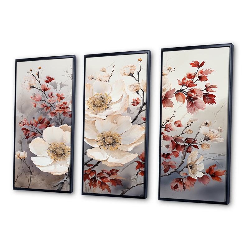 Fleurs saisonnières «Charm in Winter» - ensemble d'art mural sur toile, Cadre flottant noir, H 28 po x l 36 po x P 1 po