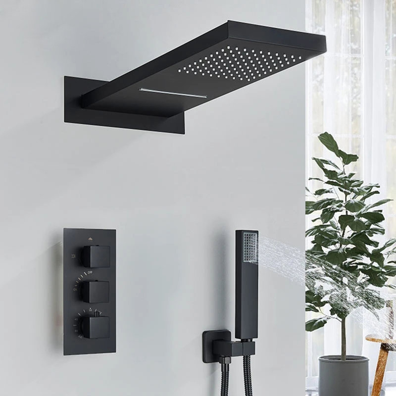 Thermostatic Concealed Bathroom Shower Set Rain Waterfall Head Mixer Tap Black