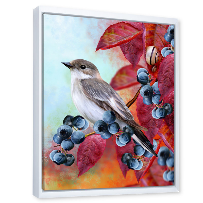 Petit oiseau gris sur un rameau d'automne rouge sur bleuet - impression sur toile, H 40 po x l 30 po x P 1 po