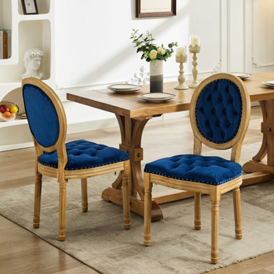 Chaises hautes de salle à manger, velours bleu, coussin en velours élégant avec pieds en bois massif, fait à la main