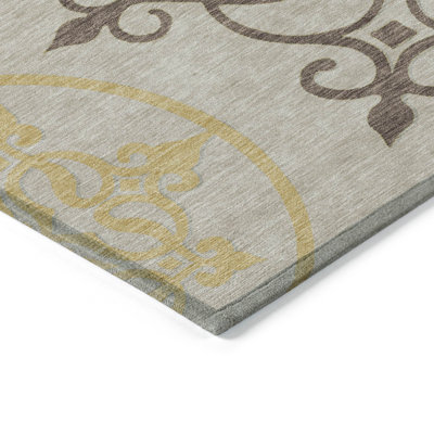 5' X 8' Taupe Floral Medallion Washable Indoor Outdoor Area Rug