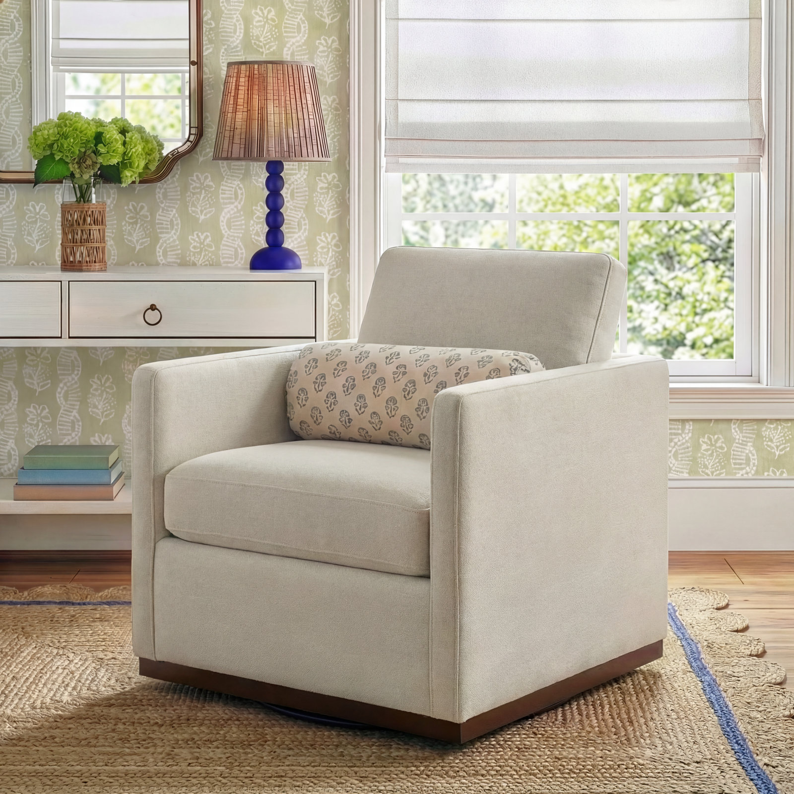 Bobbi Upholstered Swivel Armchair, Effie Linen Performance Linen