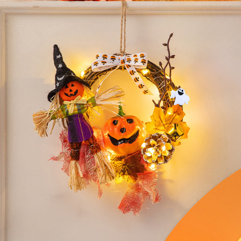 Couronne d'Halloween avec lumières Spooky Pumpkin Ghost, C